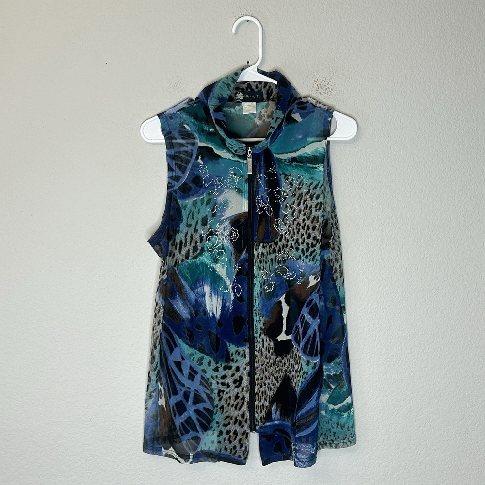 Damee Inc Mesh Sleeveless Top Zip Abstract Floral Butterfly Animal Print Size L